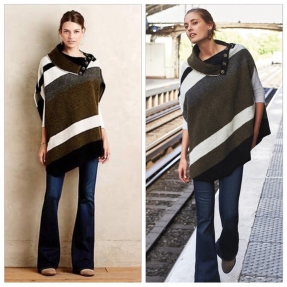 Anthropologie Striped Poncho in Brown, White, and Black
